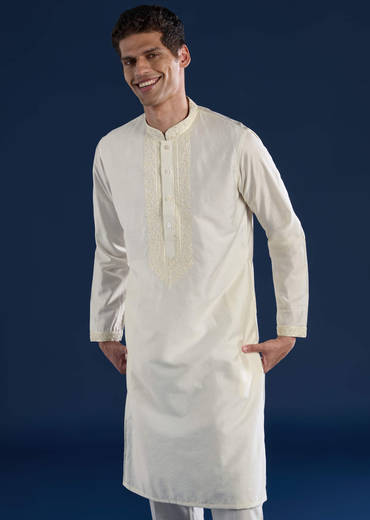 Off White Chanderi Kashmiri Work Mens Kurta and Pant Set
