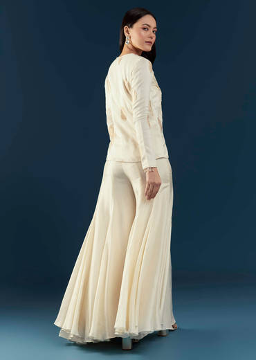 Off White Silk Embroidered Crop Top and Pant Set