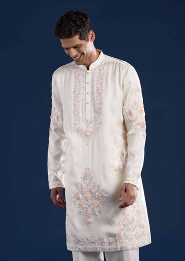 Off White Silk Linen Blend Mens Kurta Set with Dupatta