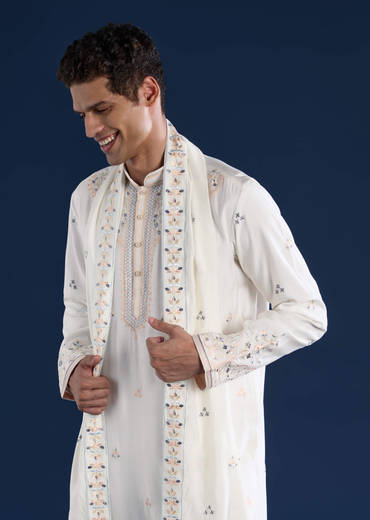 Off White Silk Mens Kurta Set with Dupatta