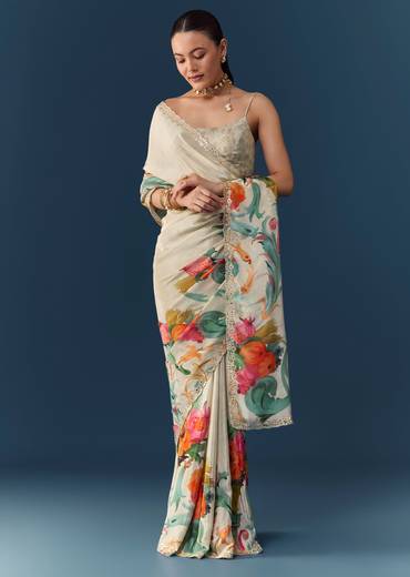 Off White Silk Printed Saree with Blouse Fabric