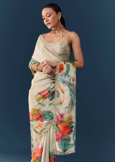 Off White Silk Printed Saree with Blouse Fabric