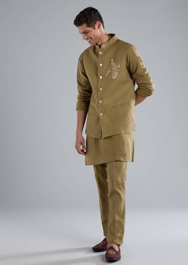 Olive Green Linen Kurta Jacket Set With Zardosi Hand Work