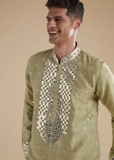Olive Green Silk Kurta Set With Leather Metal Bead Work