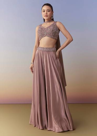 Onion Pink Crop Top Palazzo Set with Cutdana Work