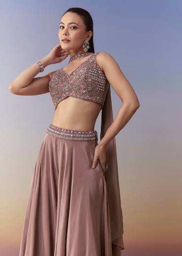 Onion Pink Crop Top Palazzo Set with Cutdana Work