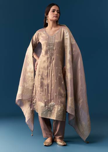 Onion Pink Tissue Kurta Set With Zardosi Detail