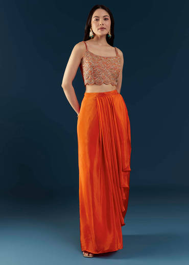 Orange Asymmetric Crop Top Skirt Set with Leheriya Cape