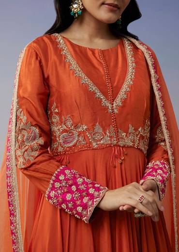 Orange Chanderi Anarkali Suit Set with Zari Moti Embroidery Work