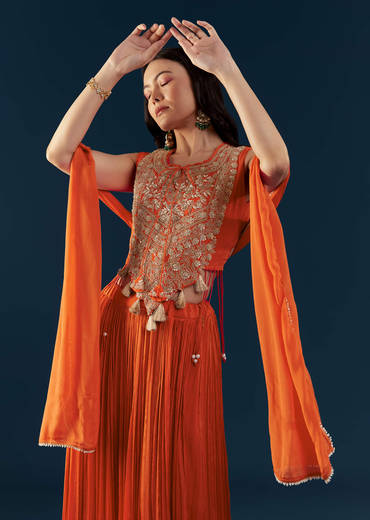 Orange Chinon Crop Top Skirt Set with Zardozi Work