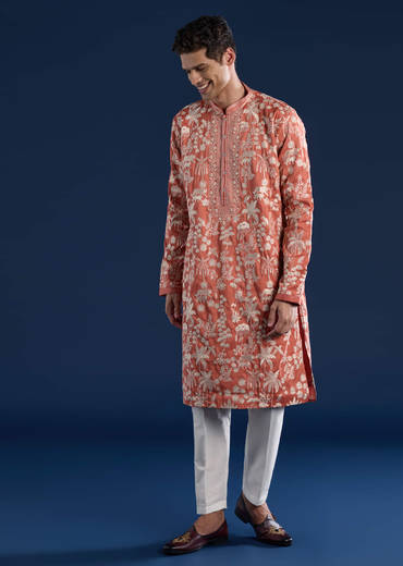 Orange Mirror Embellished Mens Kurta and Pant Set