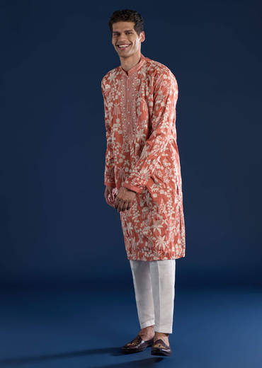 Orange Mirror Embellished Mens Kurta and Pant Set