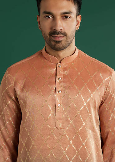 Orange Ombre Silk Kurta Set For Men With Diamond Pattern
