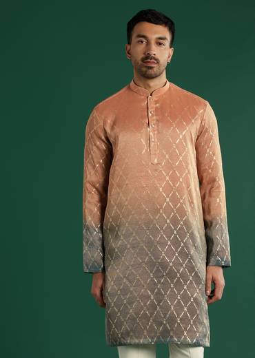 Orange Ombre Silk Kurta Set For Men With Diamond Pattern