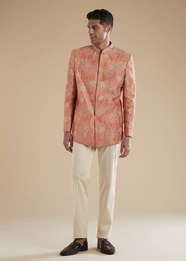 Orange Rust Raw Silk Mens Jodhpuris with Thread Resham Detail Work