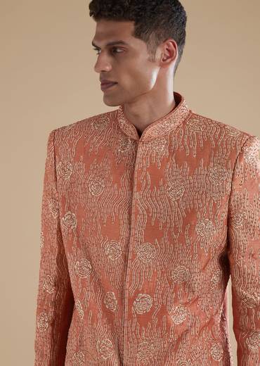 Orange Rust Raw Silk Mens Jodhpuris with Thread Resham Detail Work
