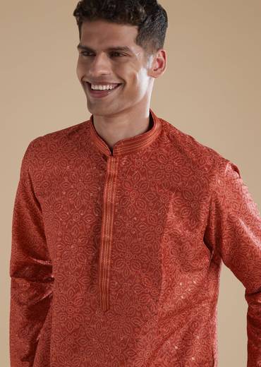 Orange Silk Kurta Set With Sequins Detail Work
