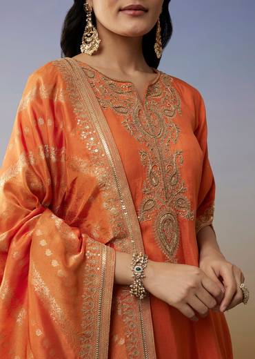 Orange Silk Palazzo Suits with Zari Work and Embroidery Detail