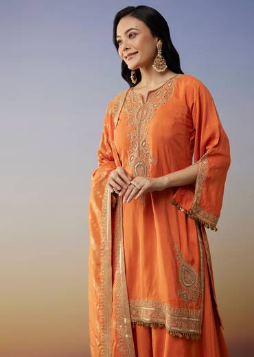 Orange Silk Palazzo Suits with Zari Work and Embroidery Detail