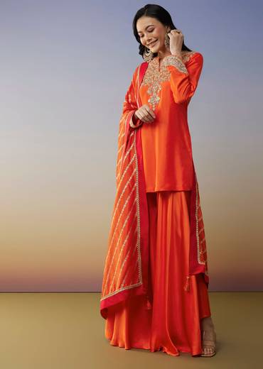 Orange Viscose Satin Palazzo Suit with Zardosi Work