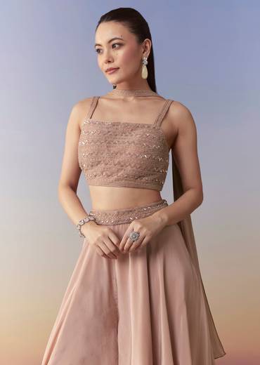 Peach Indo Fusion Crop Top Palazzo and Dupatta Set