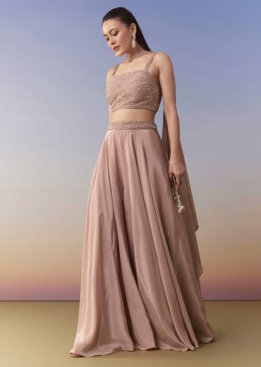 Peach Indo Fusion Crop Top Palazzo and Dupatta Set