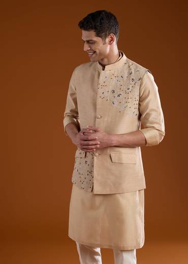 Peach Mens Chanderi Jacket and Kurta Set