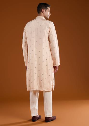 Peach Mens Rawsilk Kurta Pant Set