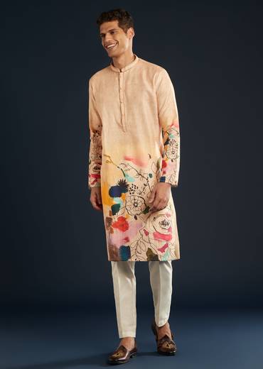 Peach Printed Silk Kurta Set