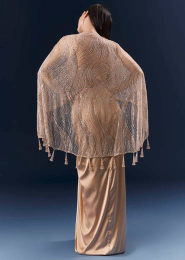 Peach Satin Crop Top And Skirt Set With Cutdana And Beads Embellishments