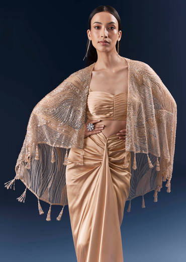 Peach Satin Crop Top And Skirt Set With Cutdana And Beads Embellishments