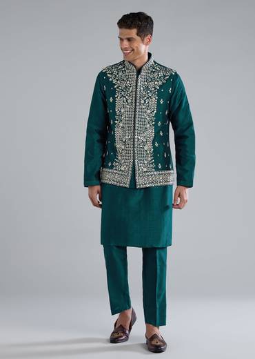 Peacock Blue Kurta Jacket Set With Mirror Thread And Resham Detailing