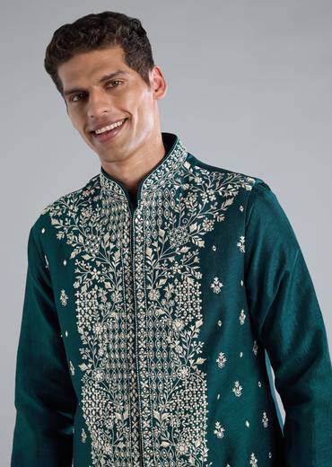 Peacock Blue Kurta Jacket Set With Mirror Thread And Resham Detailing
