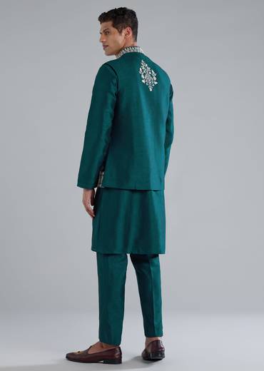 Peacock Blue Kurta Jacket Set With Mirror Thread And Resham Detailing