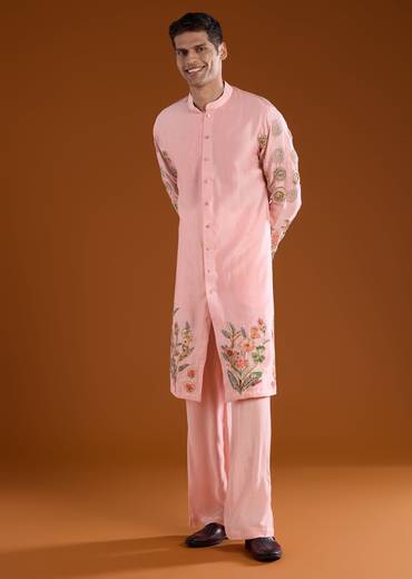 Pink Chanderi Embroidered Mens Kurta Pant Set