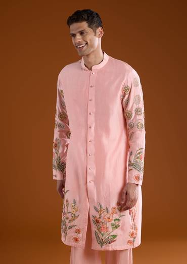 Pink Chanderi Embroidered Mens Kurta Pant Set