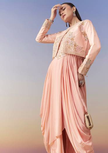 Pink Cowl Draped Gown and Jacket Set