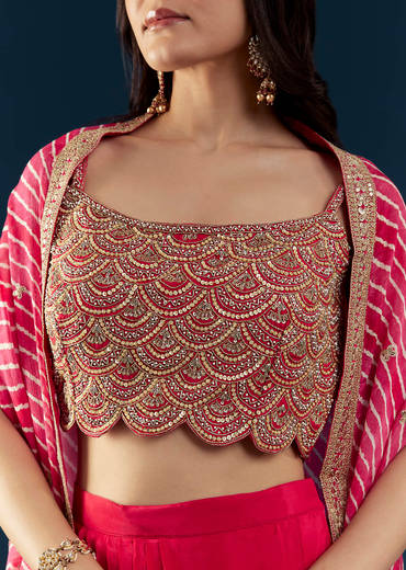 Pink Crop Top Skirt Set with Leheriya Cape