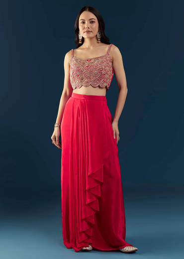 Pink Crop Top Skirt Set with Leheriya Cape