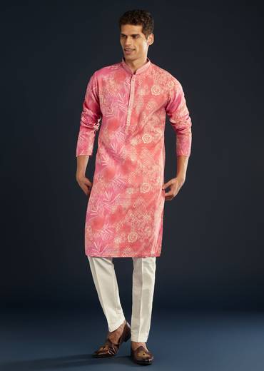 Pink Floral Print Art Silk Kurta and Pant Set