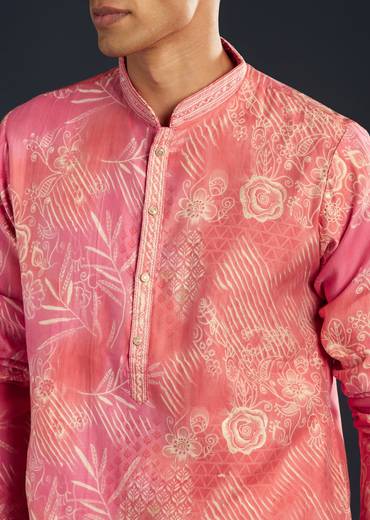 Pink Floral Print Art Silk Kurta and Pant Set