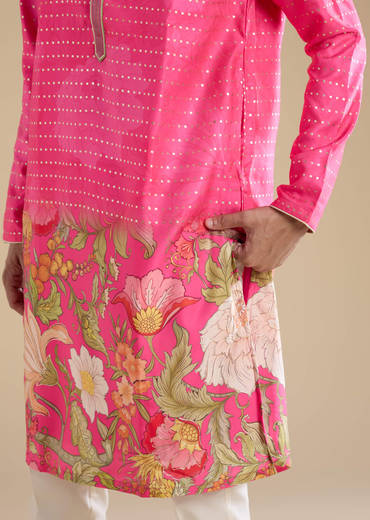 Pink Floral Work Mens Kurta and Pant Set
