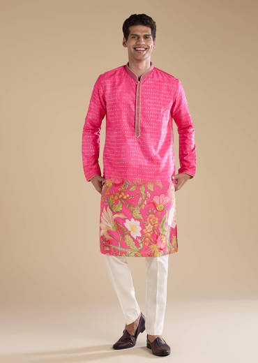 Pink Floral Work Mens Kurta and Pant Set