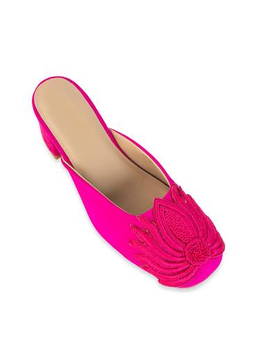 Pink Fuschia Satin Lotus Motif Heel Mules