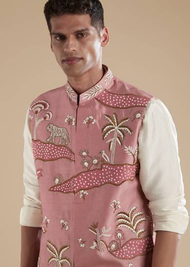 Pink Kurta Jacket Set With Thread Resham French Knot Moti And Cut Dana Detail