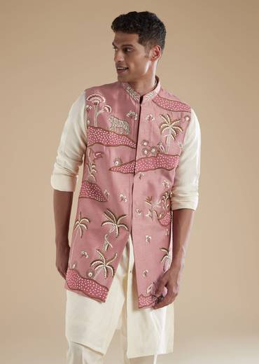 Pink Kurta Jacket Set With Thread Resham French Knot Moti And Cut Dana Detail