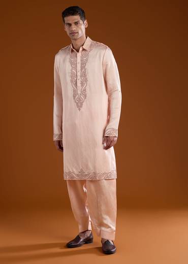 Pink Linen Satin Mens Kurta Pant Set