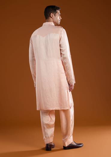 Pink Linen Satin Mens Kurta Pant Set