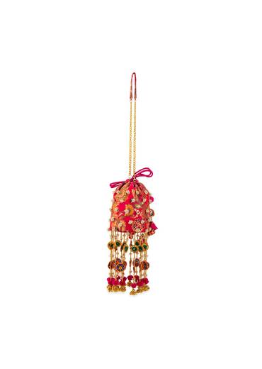 Pink Pearl Embellished Pom Pom Tassel Potli Bag