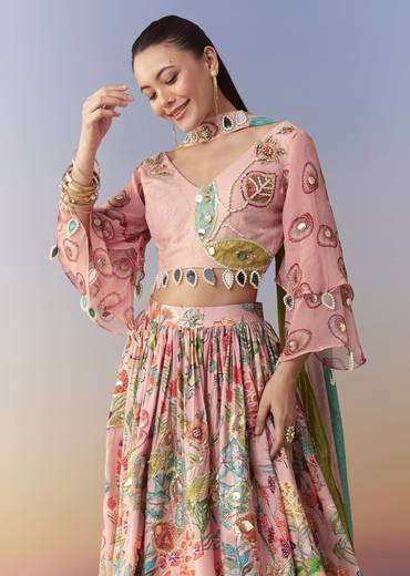 Pink Printed Lehenga Set with Gotta Lace